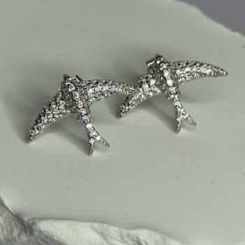 925 Sterling Silver Swallow Stud Earrings CZ Length 0.55 Inch