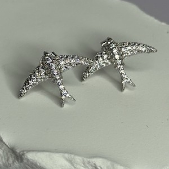 925 Sterling Silver Swallow Stud Earrings CZ Length 0.55 Inch