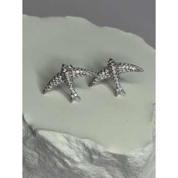 925 Sterling Silver Swallow Stud Earrings CZ Length 0.55 Inch