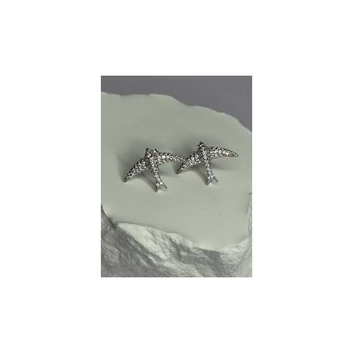 925 Sterling Silver Swallow Stud Earrings CZ Length 0.55 Inch