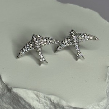 925 Sterling Silver Swallow Stud Earrings CZ Length 0.55 Inch