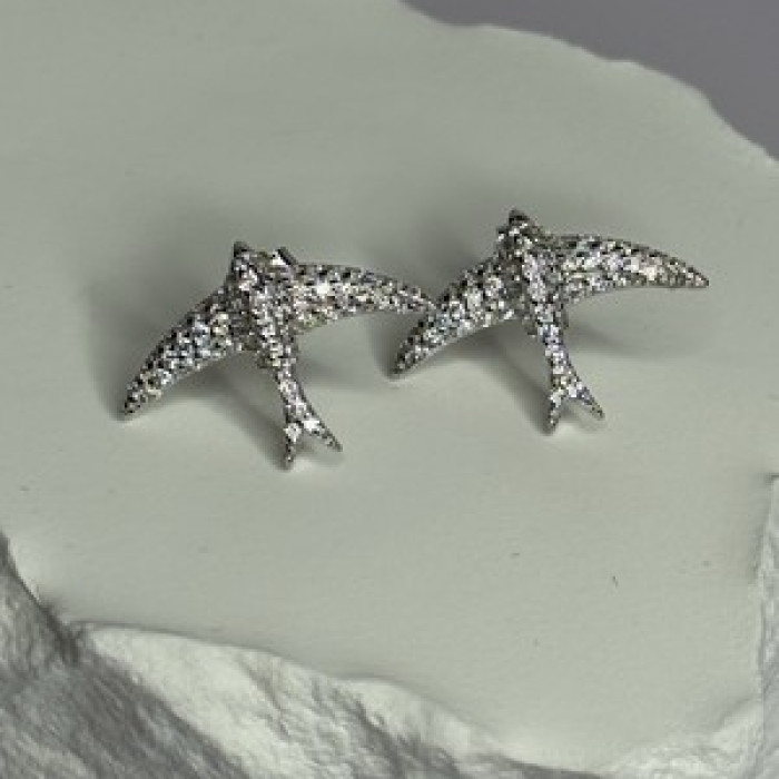 925 Sterling Silver Swallow Stud Earrings CZ Length 0.55 Inch