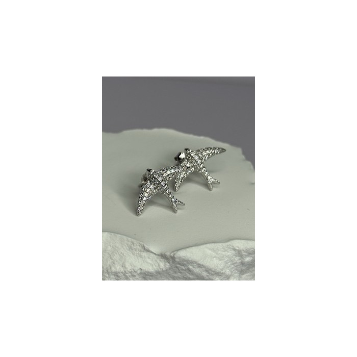 925 Sterling Silver Swallow Stud Earrings CZ Length 0.55 Inch