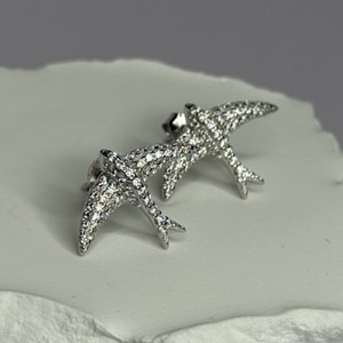 925 Sterling Silver Swallow Stud Earrings CZ Length 0.55 Inch
