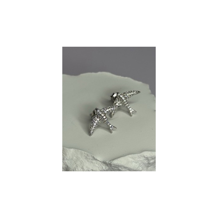 925 Sterling Silver Swallow Stud Earrings CZ Length 0.55 Inch