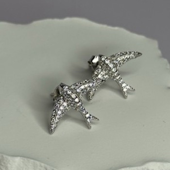 925 Sterling Silver Swallow Stud Earrings CZ Length 0.55 Inch