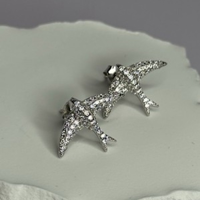 925 Sterling Silver Swallow Stud Earrings CZ Length 0.55 Inch