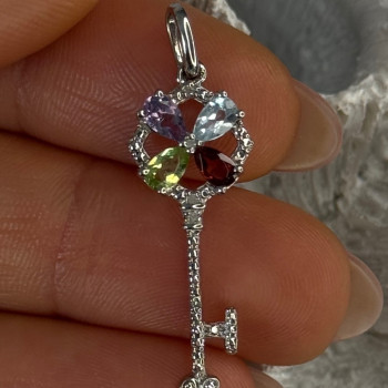 925 Sterling Silver Flower Key Multi Color Gemstones Pendant Length 1.40 Inch