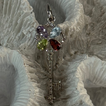 925 Sterling Silver Flower Key Multi Color Gemstones Pendant Length 1.40 Inch
