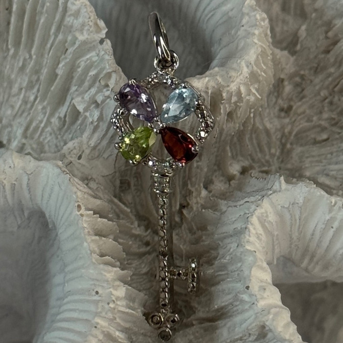925 Sterling Silver Flower Key Multi Color Gemstones Pendant Length 1.40 Inch