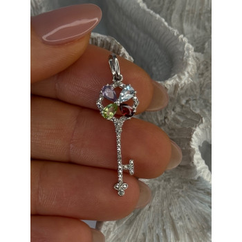 925 Sterling Silver Flower Key Multi Color Gemstones Pendant Length 1.40 inch