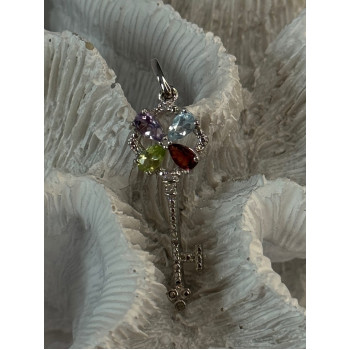 925 Sterling Silver Flower Key Multi Color Gemstones Pendant Length 1.40 inch