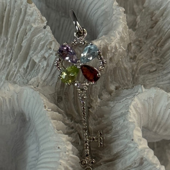 925 Sterling Silver Flower Key Multi Color Gemstones Pendant Length 1.40 Inch