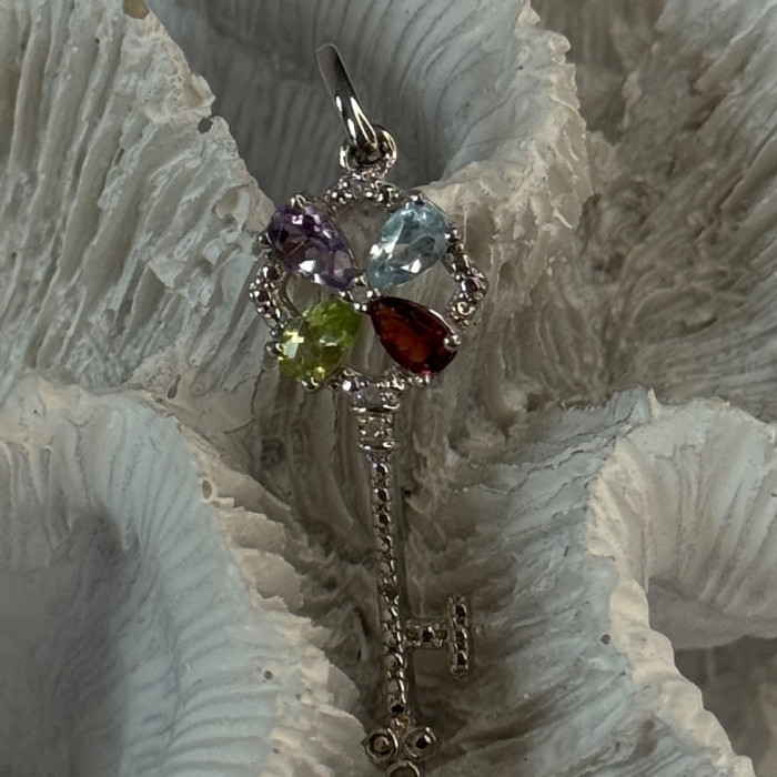 925 Sterling Silver Flower Key Multi Color Gemstones Pendant Length 1.40 Inch