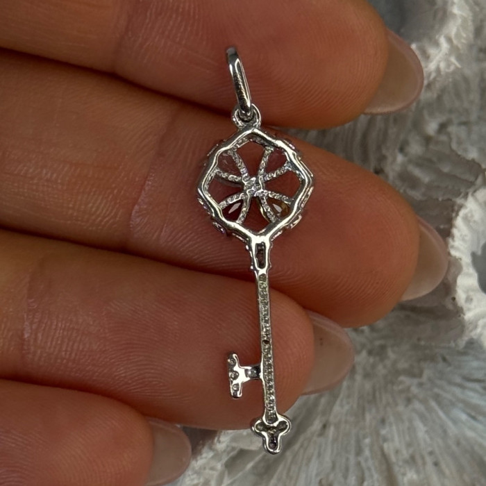 925 Sterling Silver Flower Key Multi Color Gemstones Pendant Length 1.40 Inch