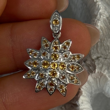 925 Sterling Silver Citrine Flower Pendant Length 1.15 Inch
