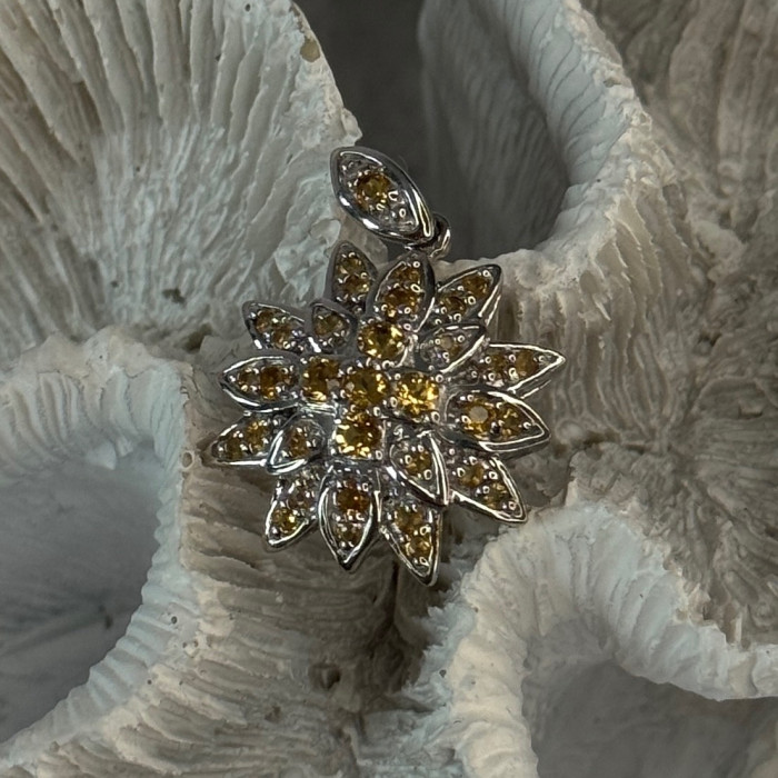 925 Sterling Silver Citrine Flower Pendant Length 1.15 Inch