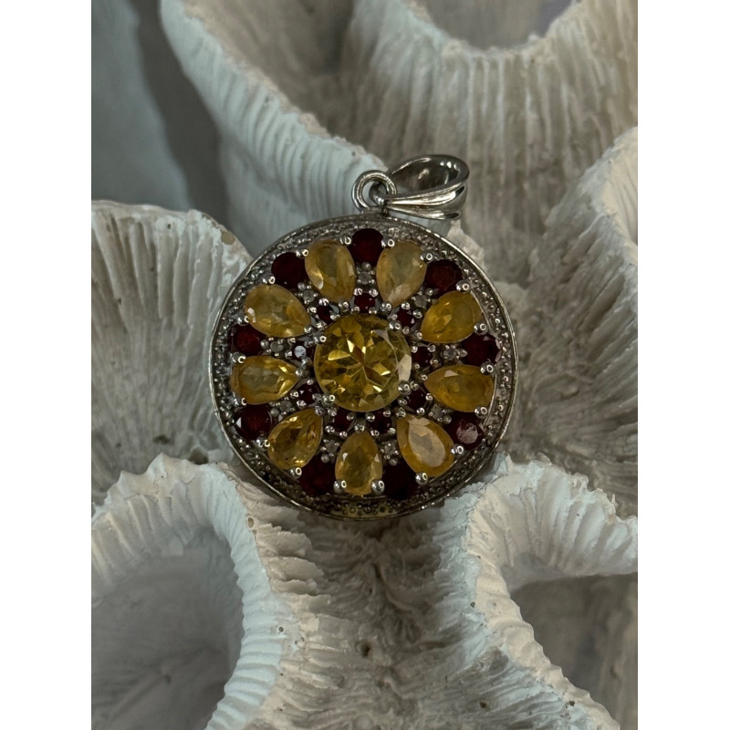 925 Sterling Silver Citrine Garnet Diamond Pendant Length 1.50 inch