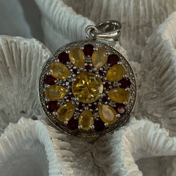 925 Sterling Silver Citrine Garnet Diamond Pendant Length 1.50 Inch