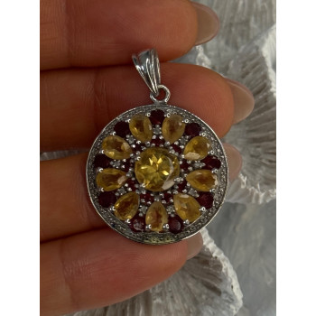 925 Sterling Silver Citrine Garnet Diamond Pendant Length 1.50 inch