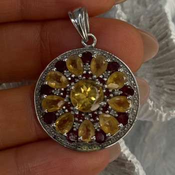 925 Sterling Silver Citrine Garnet Diamond Pendant Length 1.50 Inch
