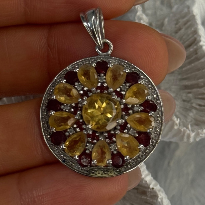 925 Sterling Silver Citrine Garnet Diamond Pendant Length 1.50 Inch