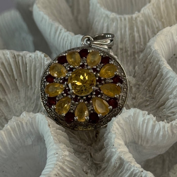 925 Sterling Silver Citrine Garnet Diamond Pendant Length 1.50 Inch