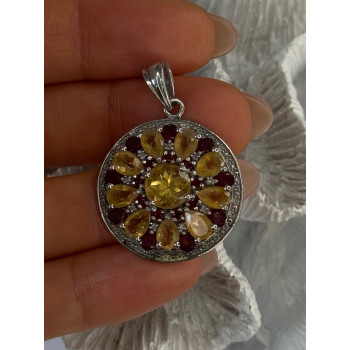 925 Sterling Silver Citrine Garnet Diamond Pendant Length 1.50 inch