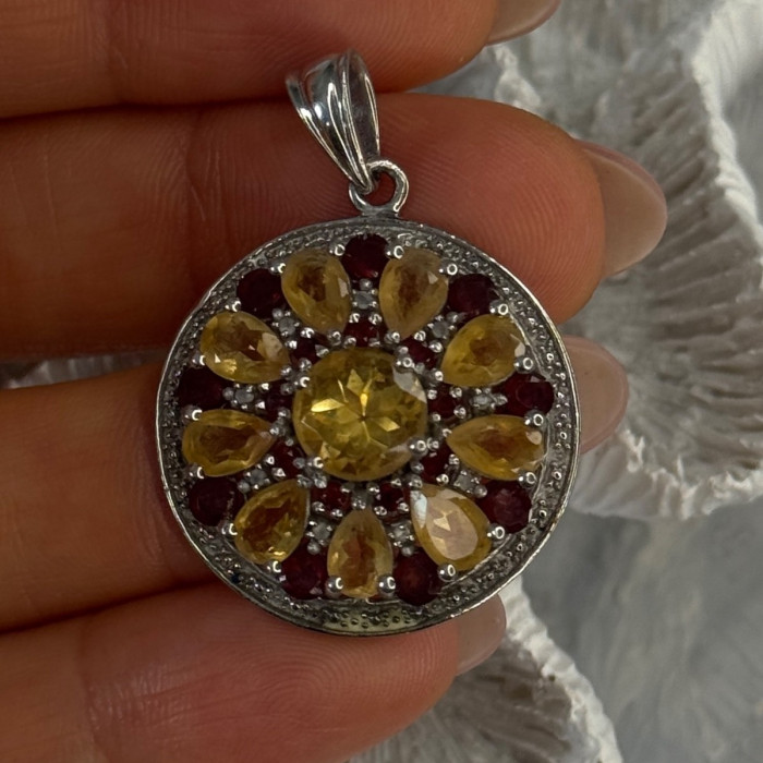 925 Sterling Silver Citrine Garnet Diamond Pendant Length 1.50 Inch