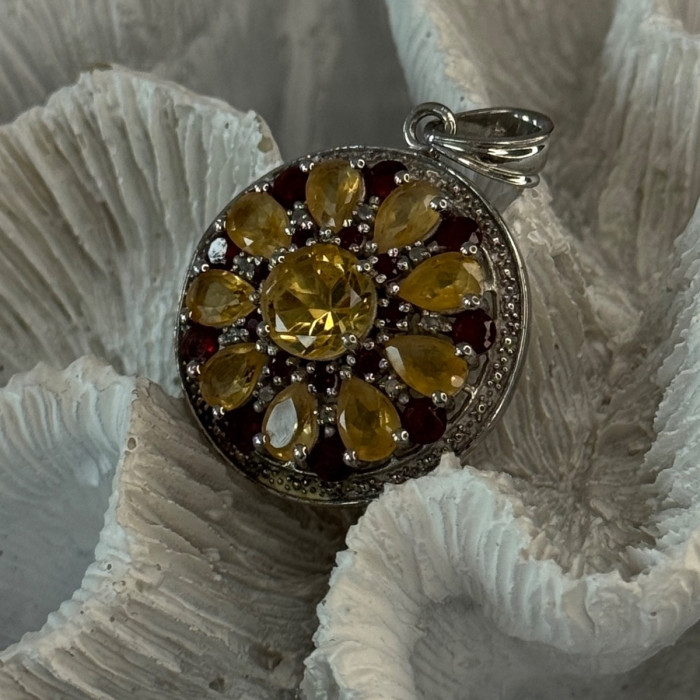 925 Sterling Silver Citrine Garnet Diamond Pendant Length 1.50 Inch