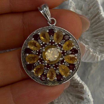 925 Sterling Silver Citrine Garnet Diamond Pendant Length 1.50 Inch