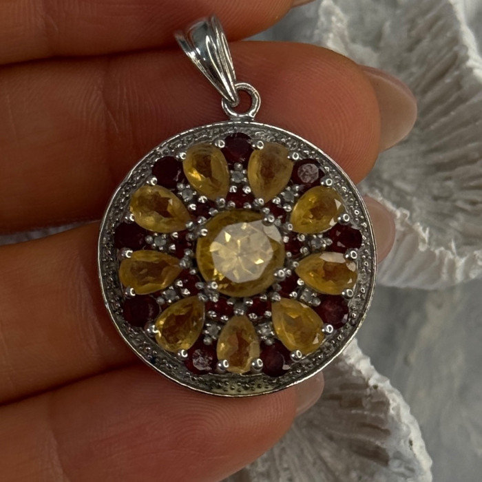925 Sterling Silver Citrine Garnet Diamond Pendant Length 1.50 Inch