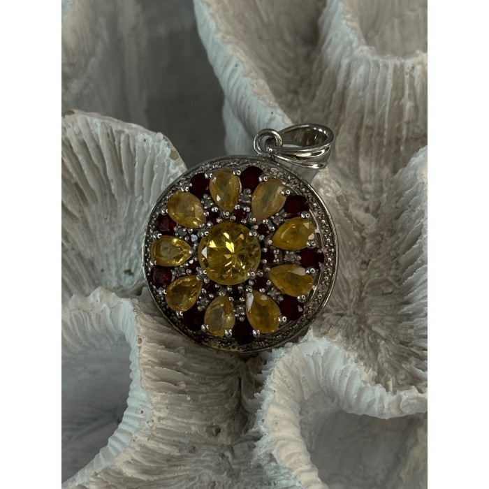 925 Sterling Silver Citrine Garnet Diamond Pendant Length 1.50 inch