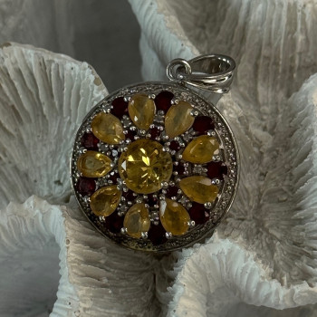 925 Sterling Silver Citrine Garnet Diamond Pendant Length 1.50 Inch