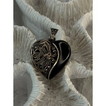 Vintage 925 Sterling Silver Onyx & Marcasite Heart Locket Pendant