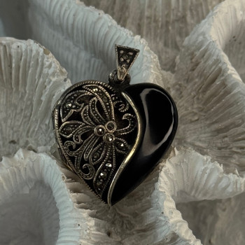 Vintage 925 Sterling Silver Onyx & Marcasite Heart Locket Pendant