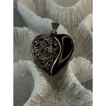 Vintage 925 Sterling Silver Onyx & Marcasite Heart Locket Pendant