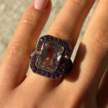 925 Sterling Silver Gold Plated Morganite & Amethyst Ring Size 6