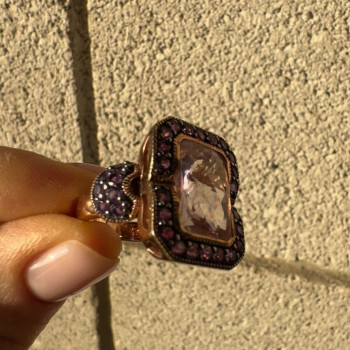 925 Sterling Silver Gold Plated Morganite & Amethyst Ring Size 6