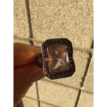 925 STERLING SILVER GOLD PLATED MORGANITE & AMETHYST RING SIZE 6