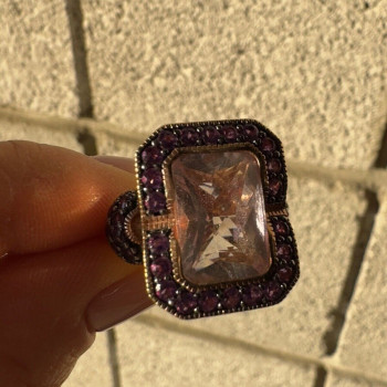 925 Sterling Silver Gold Plated Morganite & Amethyst Ring Size 6
