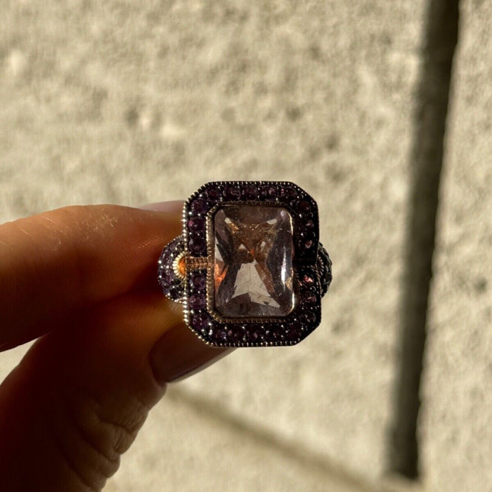 925 Sterling Silver Gold Plated Morganite & Amethyst Ring Size 6