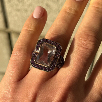 925 Sterling Silver Gold Plated Morganite & Amethyst Ring Size 6
