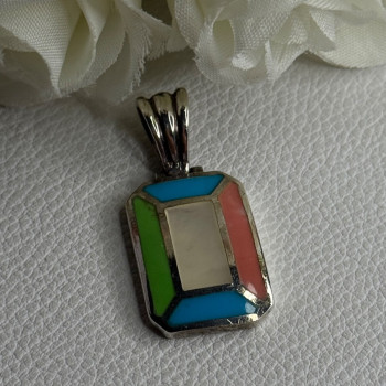 Vintage 925 Sterling Silver Abalone & Agate Pendant Length 1.40 Inch