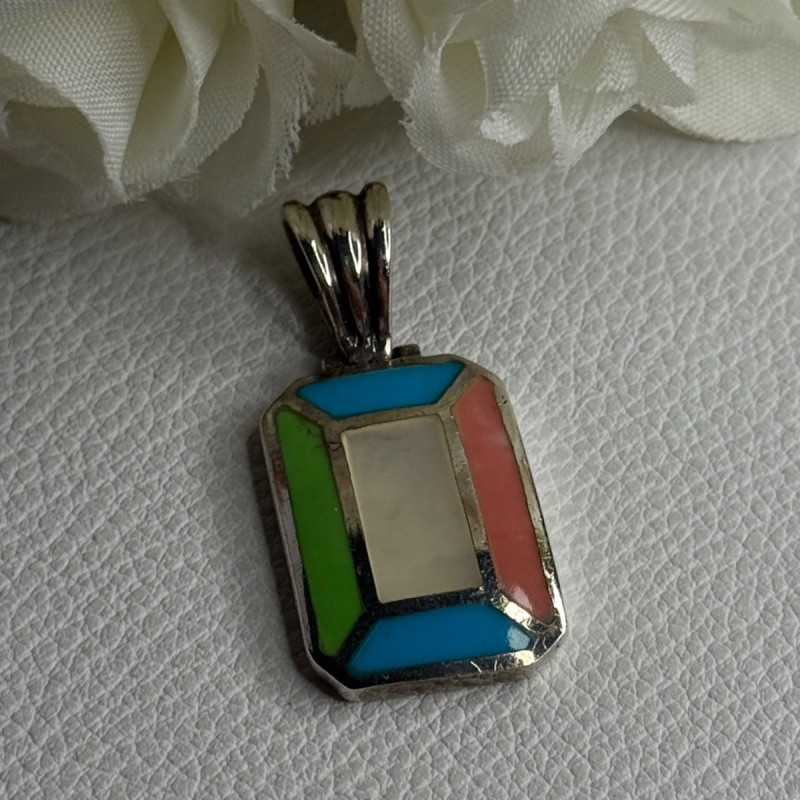 Vintage 925 Sterling Silver Abalone & Agate Pendant Length 1.40 Inch