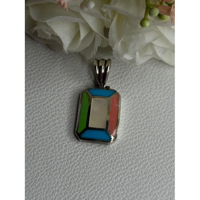 Vintage 925 Sterling Silver Abalone & Agate Pendant Length 1.40 Inch