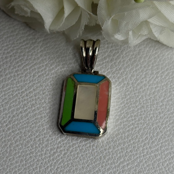 Vintage 925 Sterling Silver Abalone & Agate Pendant Length 1.40 Inch