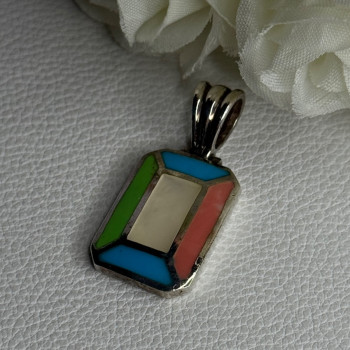 Vintage 925 Sterling Silver Abalone & Agate Pendant Length 1.40 Inch