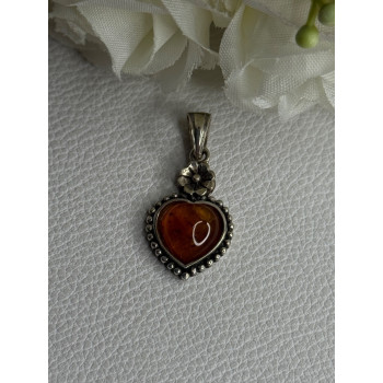 925 Sterling Silver Amber Heart & Flower Pendant Length 1.15 Inch