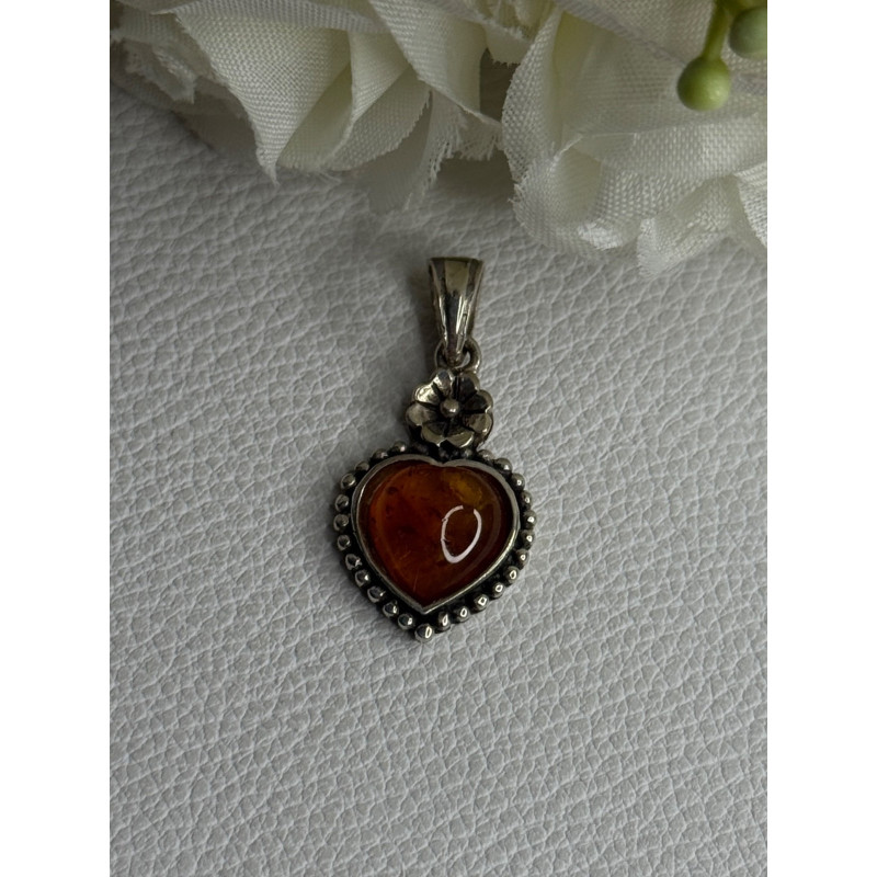 925 Sterling Silver Amber Heart & Flower Pendant Length 1.15 Inch